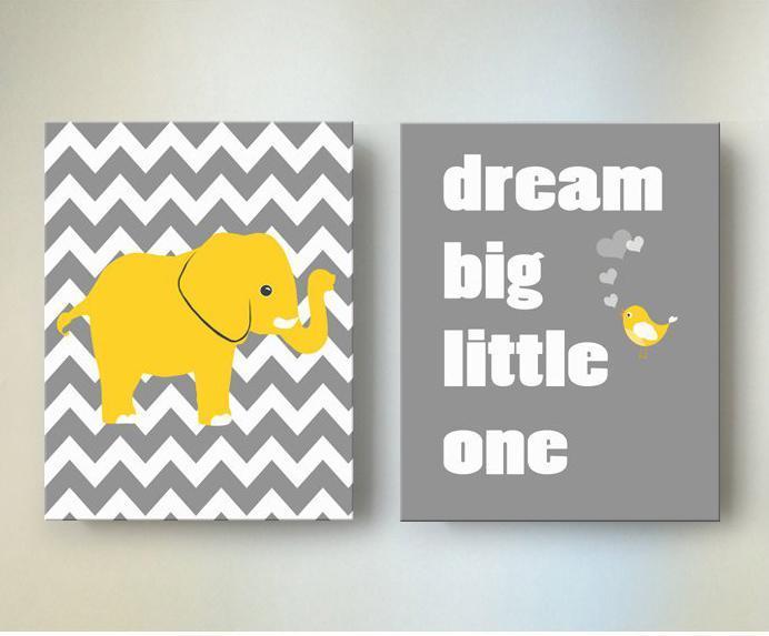 Yellow And Gray Baby Nursery Art Dream Big Little One Rhyme - Chevron Canvas Decor -The Elephants & Lovebird Collection - Set of 2