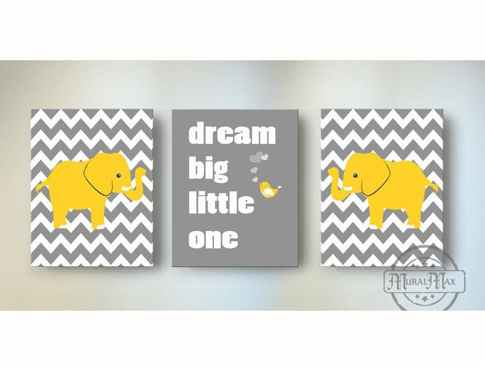 Yellow and Gray Baby Nursery Decor - Dream Big Little One Chevron Canvas Nursery Art - Set of 3