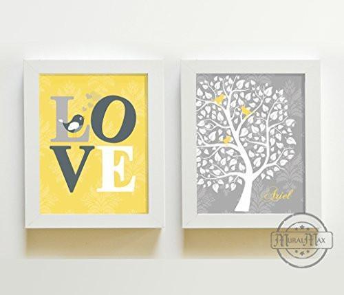 Yellow and Gray Girl Room Decor The Love Bird Tree Collection - Set of 2 - Unframed Prints-B01CRMJ5YK