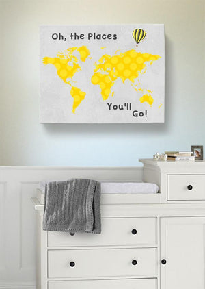 Yellow and Gray Kids Room Art - World Map Boy's Room Canvas Wall Art - Oh The Places You'll Go Dr Seuss Quote-B071VDDN3L-MuralMax Interiors