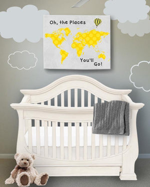 Yellow and Gray Kids Room Art - World Map Boy's Room Canvas Wall Art - Oh The Places You'll Go Dr Seuss Quote-B071VDDN3L-MuralMax Interiors
