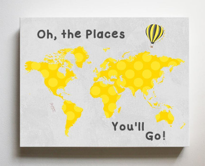 Yellow and Gray Kids Room Art - World Map Boy's Room Canvas Wall Art - Oh The Places You'll Go Dr Seuss Quote