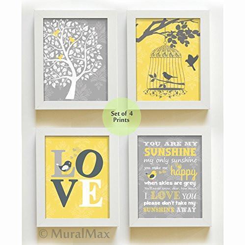Yellow and Gray LOVE and You are My Sunshine Birdcage & Family Tree Nursery Art - Set of 4 - Unframed Prints-B01CRMIY7E