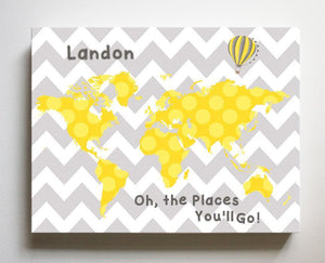 Yellow and Gray Nursery Art - Personalized Map Dr Seuss Nursery Decor - Chevron Canvas World Map - Oh The Places You'll GoBaby ProductMuralMax Interiors