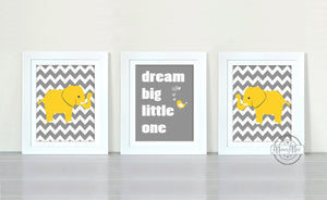 Yellow and Gray Nursery Art Dream Big Little One Love Bird & Elephant - Set of 3 - Unframed Prints-MuralMax Interiors