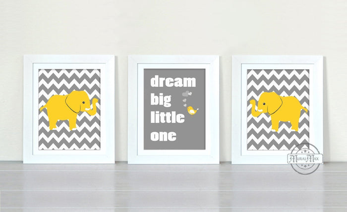 Yellow and Gray Nursery Art Dream Big Little One Love Bird & Elephant - Set of 3 - Unframed Prints
