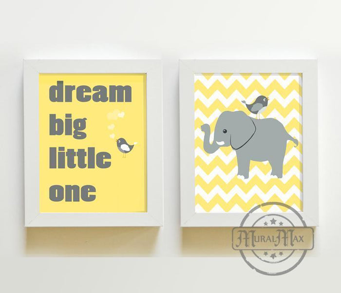 Yellow and Gray Nursery Wall Decor - Whimsical Nursery Friends -Dream Big Little One - Chevron Unframed Prints - Set of 2