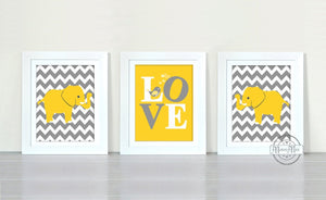 Yellow Gray Elephants & Love Nursery Prints - Set of 3 - Unframed Prints-MuralMax Interiors