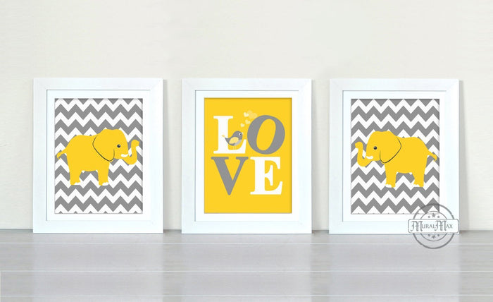Yellow Gray Elephants & Love Nursery Prints - Set of 3 - Unframed Prints