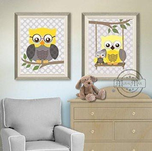 Yellow Gray Owl Nursery Wall Art - Unframed Prints - Set of 2-MuralMax Interiors