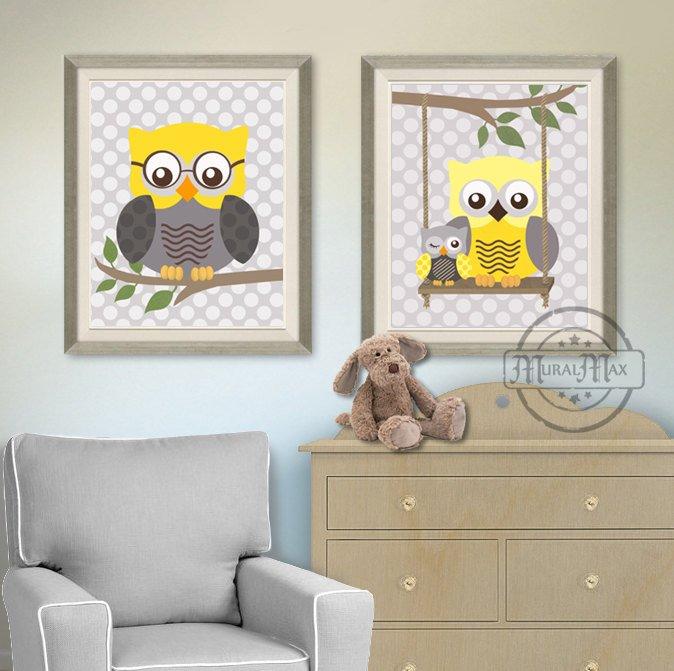 Yellow Gray Owl Nursery Wall Art - Unframed Prints - Set of 2