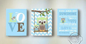 You Are My Sunshine Baby Blue Nursery Art For Boy - Owl & LOVE Canvas Nursery Art - Set Of 3-MuralMax Interiors