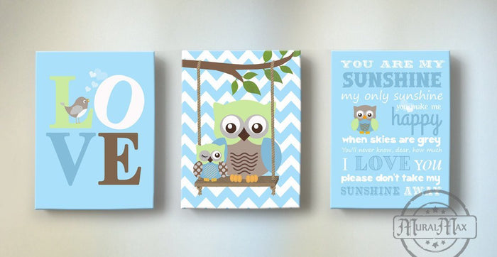 You Are My Sunshine Baby Blue Nursery Art For Boy - Owl & LOVE Canvas Nursery Art - Set Of 3
