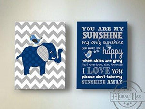 You Are My Sunshine Baby Boy Nursery Art Canvas Decor - Navy And Gray Elephant Art - Set of 2-MuralMax Interiors