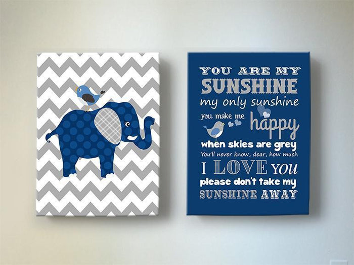 You Are My Sunshine Baby Boy Nursery Art Canvas Decor - Navy And Gray Elephant Art - Set of 2