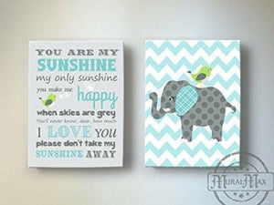 You Are My Sunshine Baby Nursery Art - Aqua Gray Elephants Nursery Decor - Set of 2 Canvas Art-MuralMax Interiors