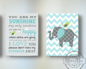 You Are My Sunshine Baby Nursery Art - Aqua Gray Elephants Nursery Decor - Set of 2 Canvas Art-MuralMax Interiors