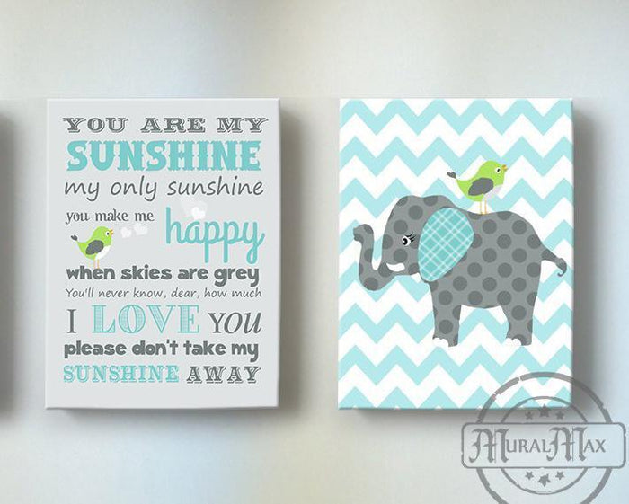 You Are My Sunshine Baby Nursery Art - Aqua Gray Elephants Nursery Decor - Set of 2 Canvas Art