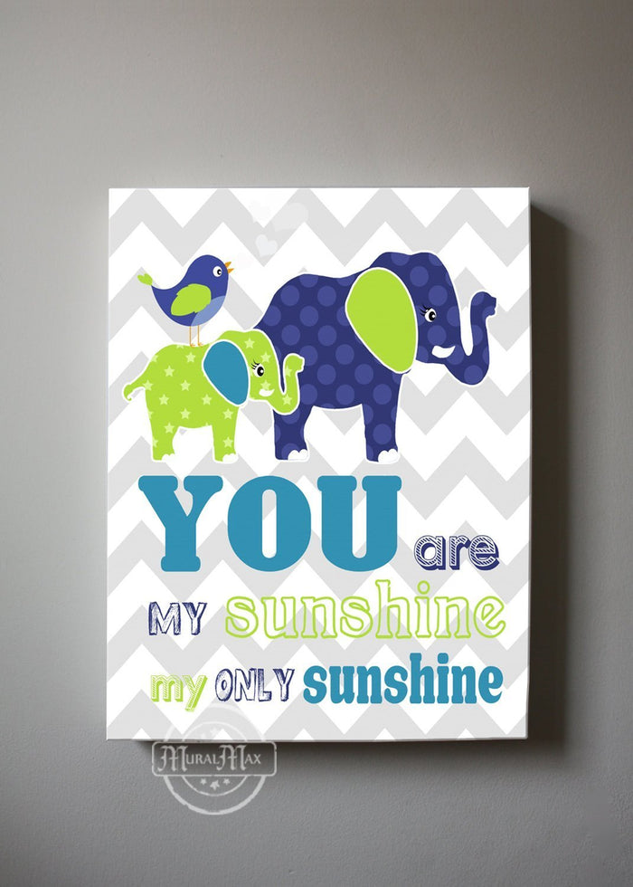 You Are My Sunshine Canvas Elephant Nursery Wall Art - Boys Room Decor