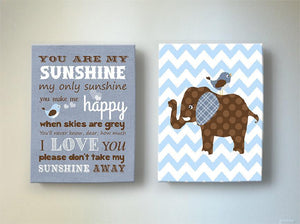 You Are My Sunshine Chevron Canvas Wall Decor - Elephant Canvas Nursery Art - Set of 2-MuralMax Interiors