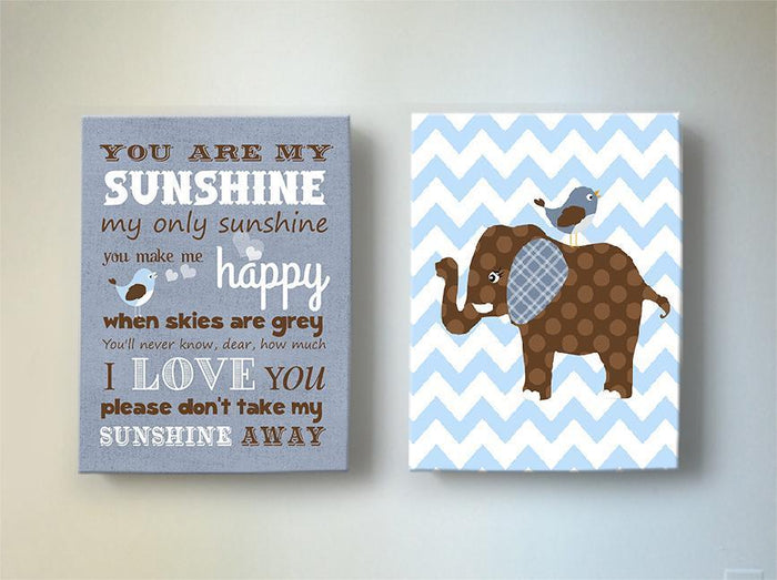 You Are My Sunshine Chevron Canvas Wall Decor - Elephant Canvas Nursery Art - Set of 2
