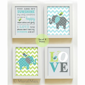 You Are My Sunshine Chevron Elephant Nursery Art - Set of 4 - Unframed Prints-Aqua Green Gray Decor-MuralMax Interiors