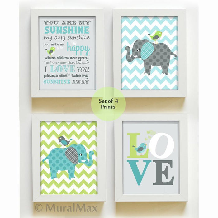 You Are My Sunshine Chevron Elephant Nursery Art - Set of 4 - Unframed Prints-Aqua Green Gray Decor