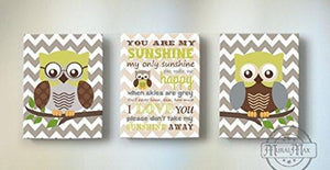 You Are My Sunshine Chevron Owl Canvas Decor -Brown Olive Tan Boy Room Decor - Set of 3-MuralMax Interiors