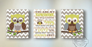 You Are My Sunshine Chevron Owl Canvas Decor -Brown Olive Tan Boy Room Decor - Set of 3-MuralMax Interiors