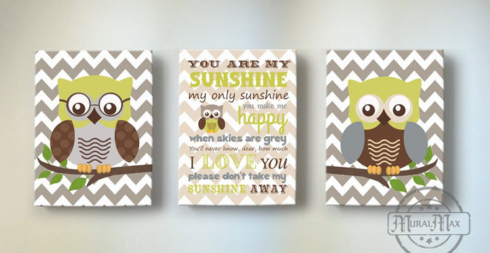 You Are My Sunshine Chevron Owl Canvas Decor -Brown Olive Tan Boy Room Decor - Set of 3