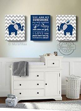 You Are My Sunshine Elephant Canvas Nursery Decor - Set of 2-Navy and Gray Nursery Art-MuralMax Interiors