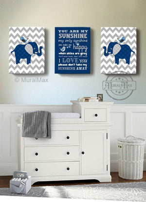 You Are My Sunshine Elephant Canvas Nursery Decor - Set of 2-Navy and Gray Nursery Art-MuralMax Interiors