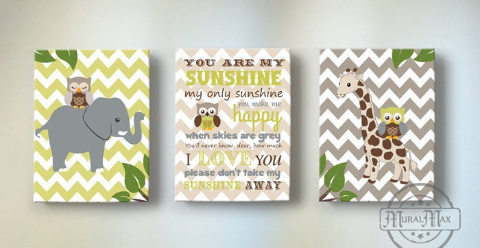 You Are My Sunshine Elephant & Giraffe Baby Boy Room Decor - Set of 3-Brown Green Nursery Art