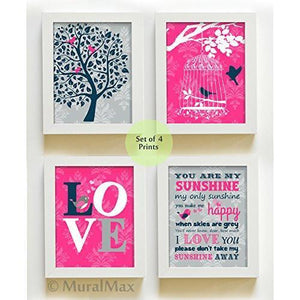 You Are My Sunshine Family Tree & Love Bird Girl Room Wall Art - Set of 4 Nursery Art- Unframed Prints-B01CRMK0S0-MuralMax Interiors