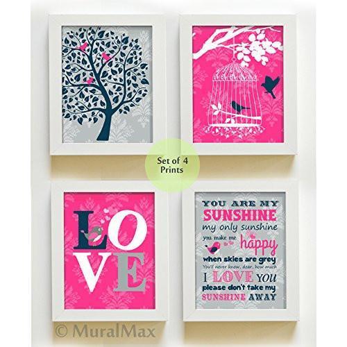You Are My Sunshine Family Tree & Love Bird Girl Room Wall Art - Set of 4 Nursery Art- Unframed Prints-B01CRMK0S0