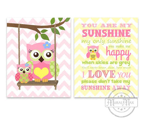 You Are My Sunshine Happy Owl Owl Nursery Prints - Unframed Prints - Set of 2-MuralMax Interiors