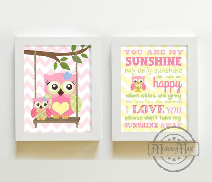 You Are My Sunshine Happy Owl Owl Nursery Prints - Unframed Prints - Set of 2