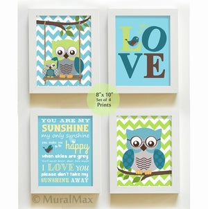 You Are My Sunshine - Love & Owl Nursery Art - Unframed Prints - Set of 4-Teal Green Decor-MuralMax Interiors