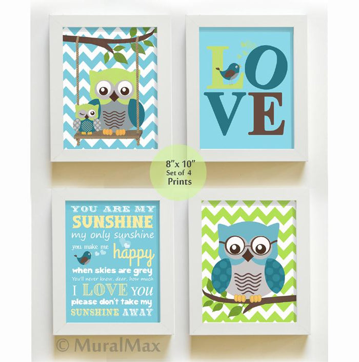 You Are My Sunshine - Love & Owl Nursery Art - Unframed Prints - Set of 4-Teal Green Decor