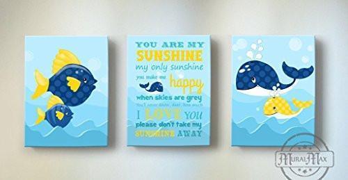 You Are My Sunshine My only Sunshine Theme - Canvas Wall Decor - The Whale & Fish Collection - Set of 3-B018ISLFJ0