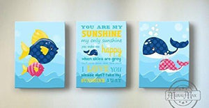 You Are My Sunshine Nautical Nursery Art For Girl - Whale Fish Under the Sea Decor - Set Of 3 Canvas Art-MuralMax Interiors