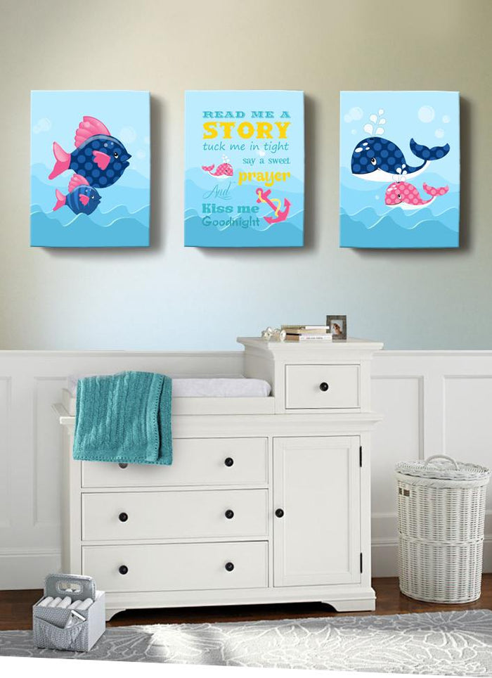 You Are My Sunshine Nautical Nursery Art For Girl - Whale Fish Under the Sea Decor - Set Of 3 Canvas Art
