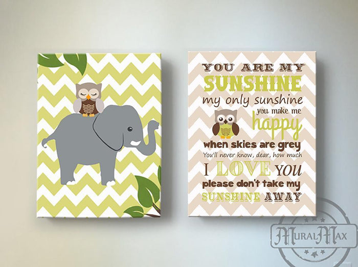 You Are My Sunshine Nursery Decor - Owl & Elephant Nursery Art - Set of 2-Brown Green Decor