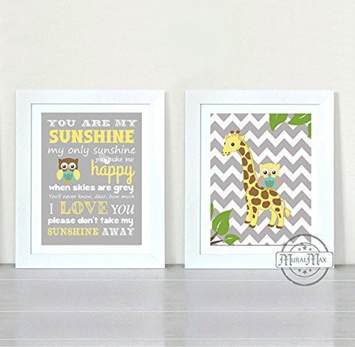 You Are My Sunshine - Nursery Giraffe & Friends Theme - Chevron Unframed Prints - Set of 2-B018KOGSXK