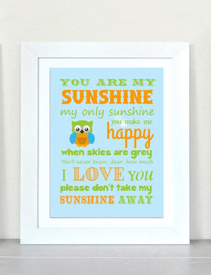You are My Sunshine Nursery Owl Art - Unframed Print - Choice of Colors-MuralMax Interiors