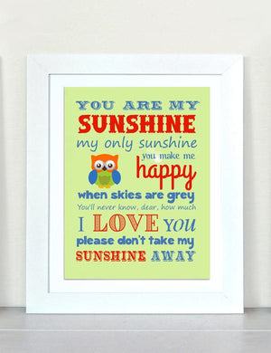 You are My Sunshine Nursery Owl Art - Unframed Print - Choice of Colors-MuralMax Interiors