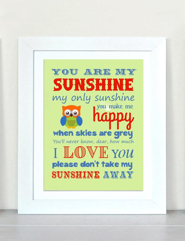 You are My Sunshine Nursery Owl Art  - Unframed Print - Choice of Colors