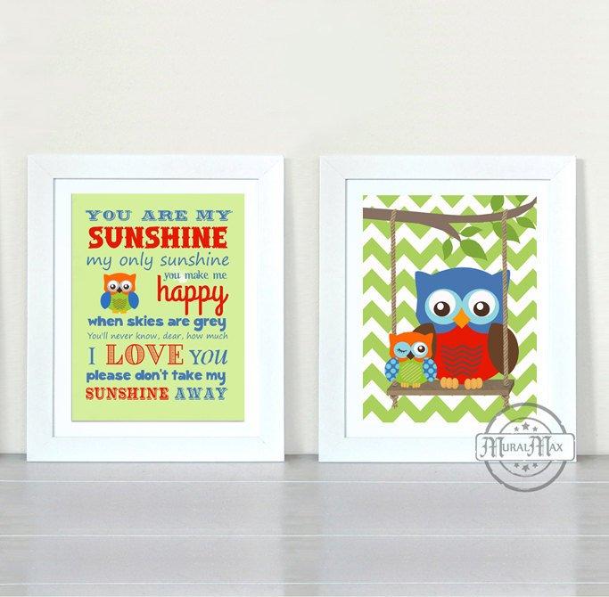 You Are My Sunshine Nursery Owl Prints -Chevron Owl Unframed Prints - Set of 2