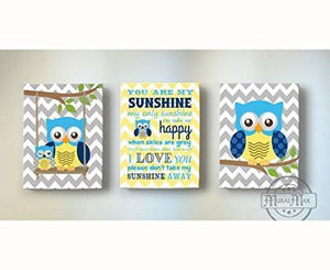 You Are My Sunshine Owl Canvas Nursery Decor - Set Of 3-Boys Room Decor-MuralMax Interiors
