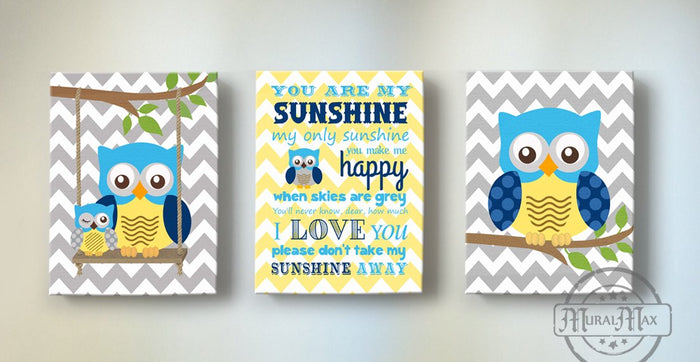You Are My Sunshine Owl Canvas Nursery Decor - Set Of 3-Boys Room Decor